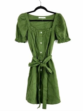 Sleeper Brigitte Linen Mini Dress Green Size L Puff Sleeve Tie Waist Cottagecore